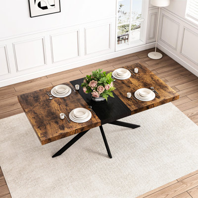 Retro Rectangular Dining Table With Stretch Ability, Antique Wood Top & Black Relief Plate, Iron Foot Base Storage Box, Seats 6, + Metal Made Table, P
