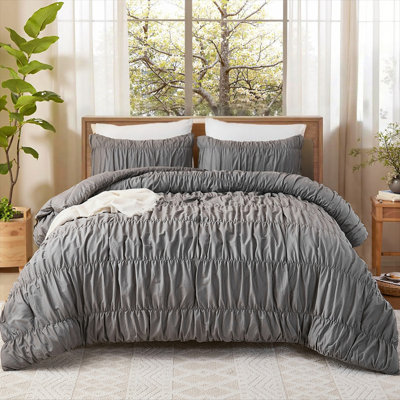 Grey Ruched King Comforter Set,Breathable Cotton Boho Comforter Aesthetic,Shabby Chic Ruffle Bedding Vintage Farmhouse Quilt Set,Soft Durable 3 Pcs Fluffy Bedroom Comforter