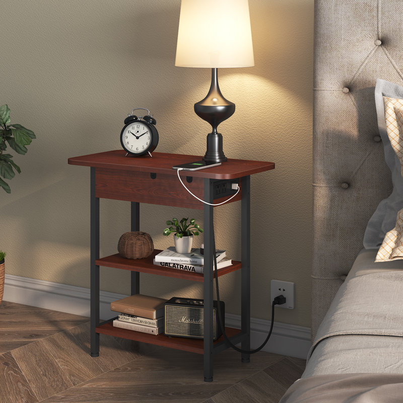 End Table Set of 2 with Storage and Charging Station, Dark Gray