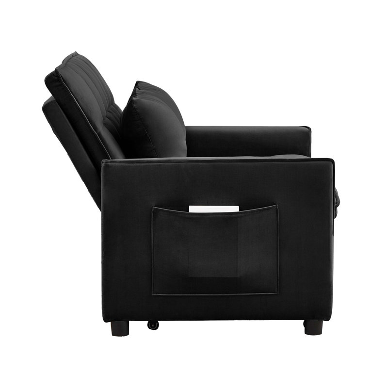 Canapé-lit convertible en velours de 128 cm avec lit gigogne et rangement latéral, Black Velvet