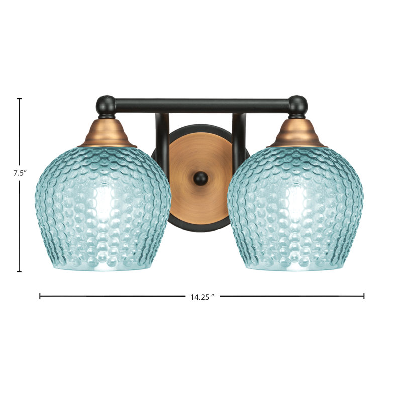 Verre turquoise 6 po Mukkesh, H 7,5 po x l 14,25 po x P 8 po, Noir mat / laiton, Deux lumières