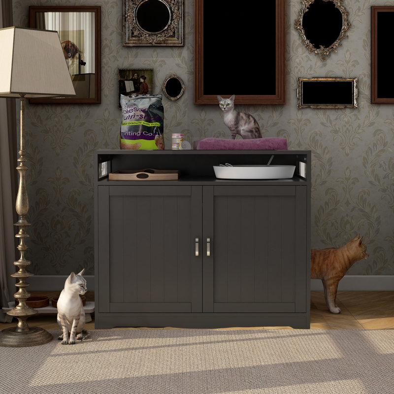 Enceinte de litière pour chat 2 portes en bois avec prise cachée et rangement, Brun