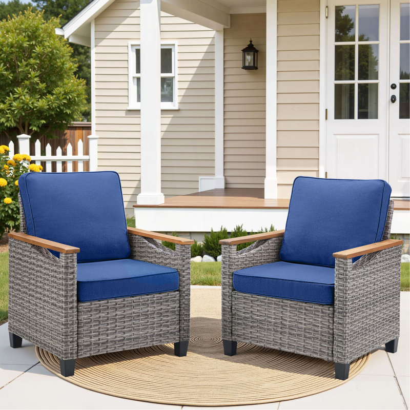 Ensemble de 2 chaises longues d'extérieur en osier gris avec coussins bleus pour véranda ou terrasse, Bleu