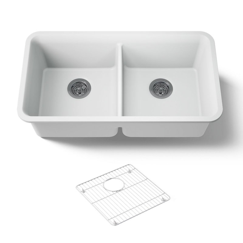Cairn® 34" L x 18" W Under-Mount Double-Equal Kitchen Sink, Matte White