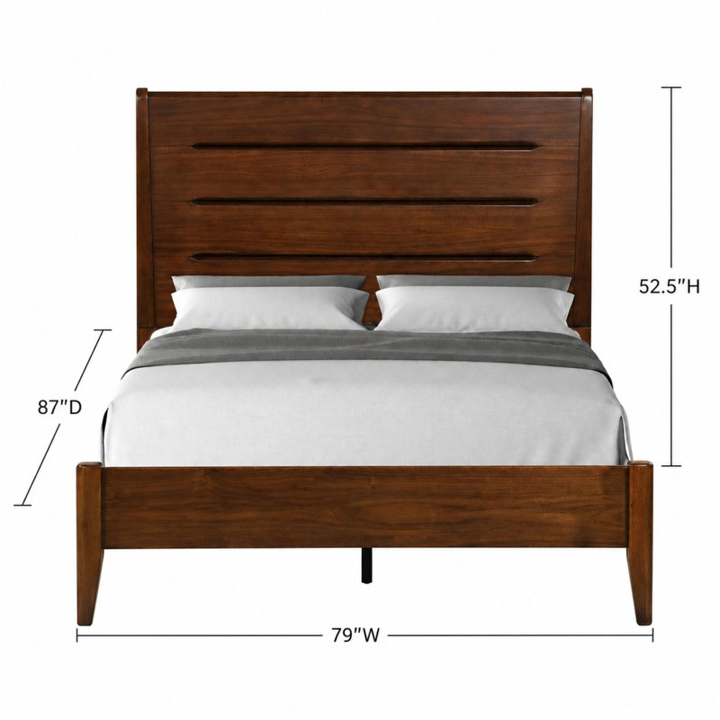 Lit king size à panneaux ajourés de style moderne du milieu du siècle - Placage en bouleau avec fini bois naturel chaleureux, cadre de chambre robuste