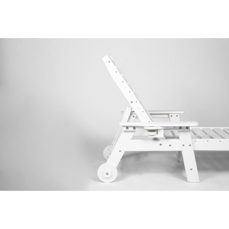 Lounge Chair Outdoor With Wood Texture, Oversized Chaise Lounge Chair With 5 Positions, HDPE, Patio Lounge Chair With Wheels & Cup Holder For Pool, Deck, Poolside, White