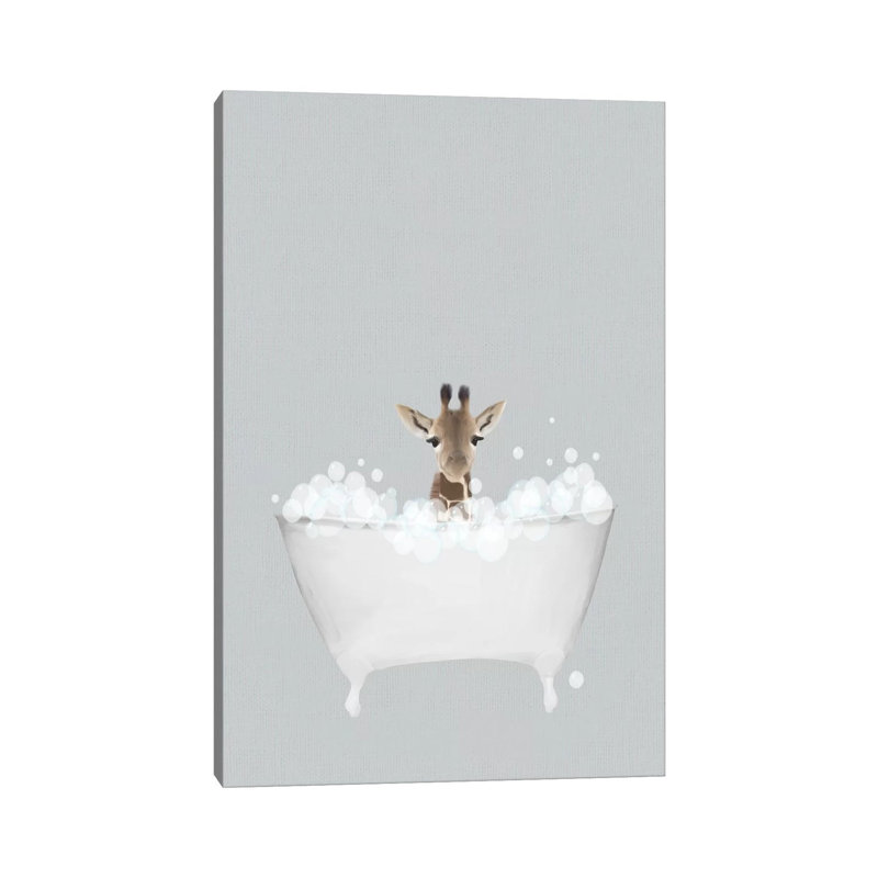 Giraffe Blue Bath by Leah Straatsma - Wrapped Canvas Painting, 66.04 cm H x 45.72 cm W x 3.175 cm D