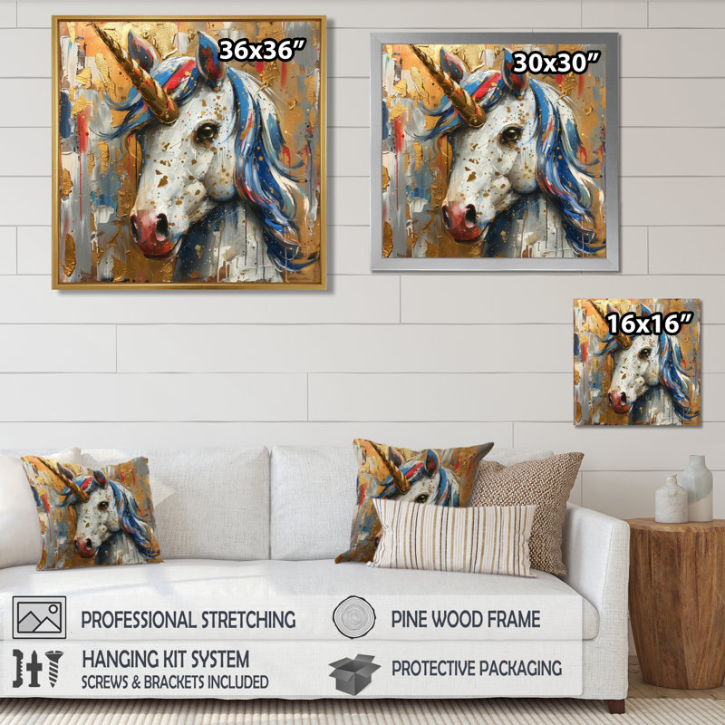 Licorne blanche dorée scintillante I - licornes, art mural salon, Cadre simple blanc, bois massif, H 36 po x l 36 po