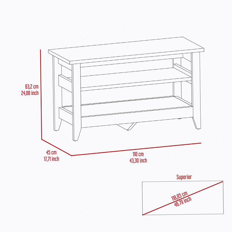 Banc de rangement, quatre pieds, deux tablettes ouvertes - chêne clair