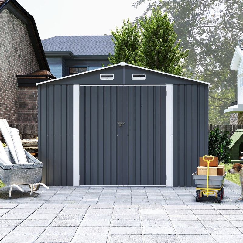 [10x14 Ft Light Gray Outdoor Metal Storage Shed]– 3 Lockable Doors & Side Door | Waterproof With 4 Air Vents For Backyard, Patio & Garden​