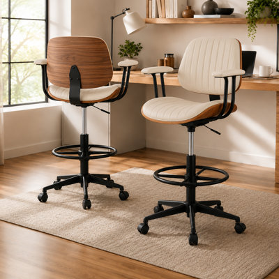 Adjustable Height Bentwood Drafting Chair with Arms, Round Footrest and Swivel Rolling Base
