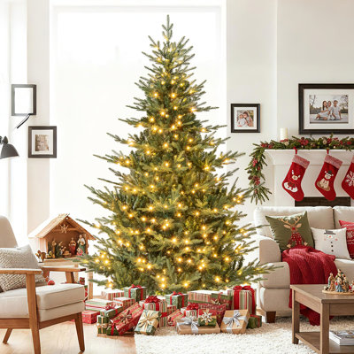  7 FT Pre-Lit Artificial Christmas Tree Hinged Xmas Tree w/ 1102 PVC & PE mixed Branch Tips
