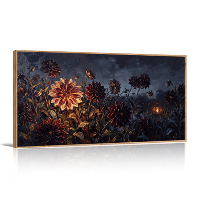 Art sur toile orange, dahlia orange dans un jardin sombre avec lanterne