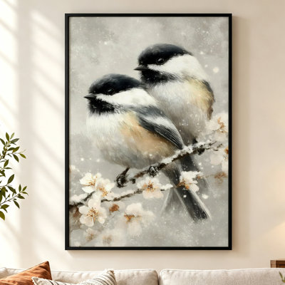 Chickadees on a Snowy Blossoming Branch Framed Canvas Wall Art with Black Floater Frame for Living Room, 36" H x 24" W