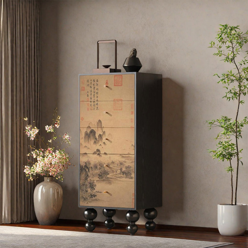 Solid Pine Five Drawer Storage Cabinet, Noir