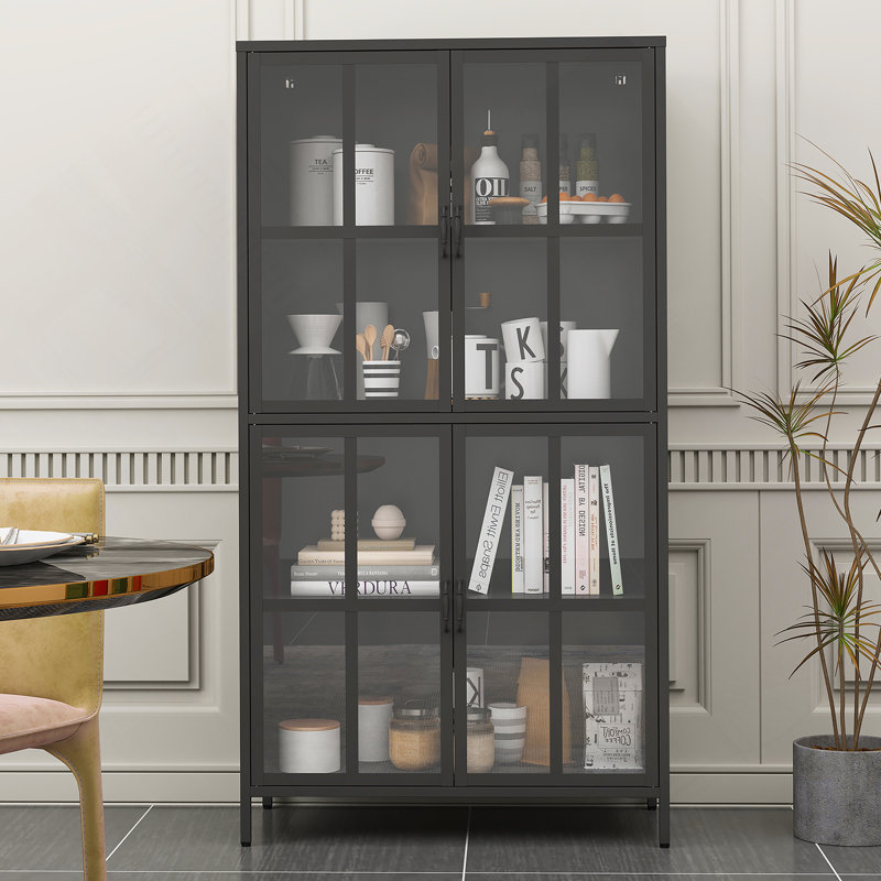 Armoire de rangement en métal noir de qualité supérieure avec portes en verre trempé et tablettes réglables