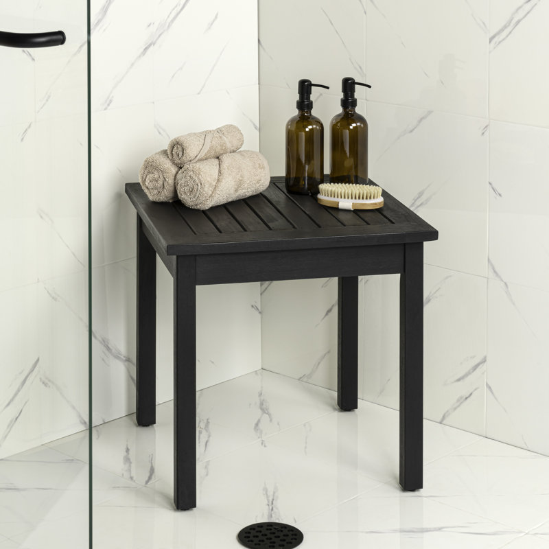 Archer 18" Modern Square Acacia Wood Outdoor Side Table, Glossy Black Slatted Patio Accent End Table for Porch & Poolside