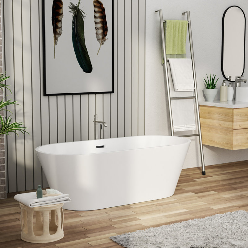 67"L x 31.5"W Oval Freestanding Soaking Acrylic Bathtub with Matte Black Pop Up Drain and Overflow Hole, Matte Black