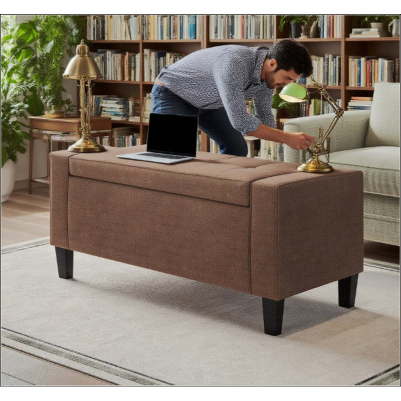 Banc de rangement avec repose-pieds avec plateau relevable et pieds en bois d'hévéa, banc de hall d'entrée rembourré en lin