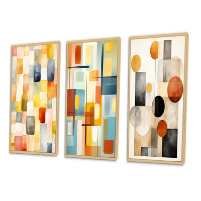 Retro Cubist Abstract Retro Composition - Modern Midcentury Art Set Of 3 Pieces