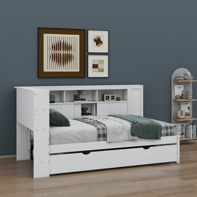 Multi-Functional Twin Wooden Daybed With Shelving, USB Charging Stations, And Extendable Trundle