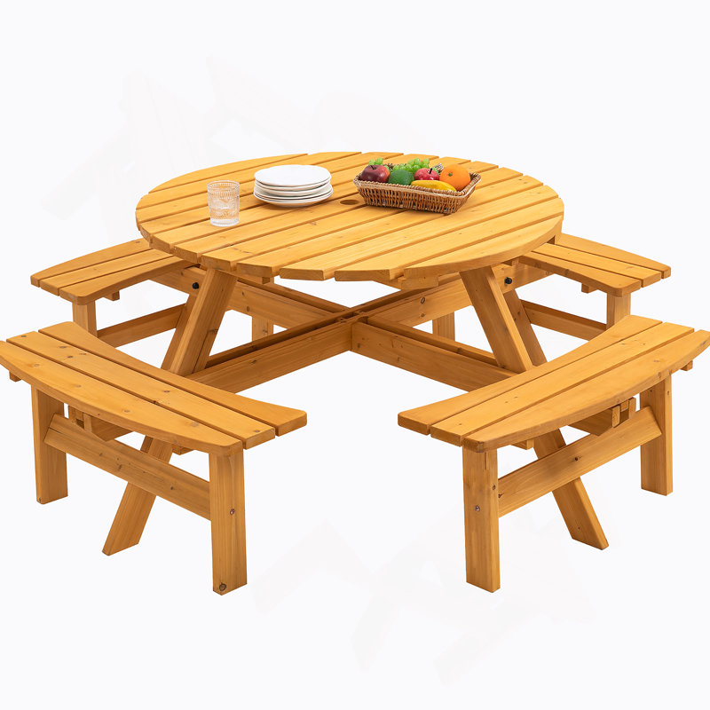 8 Person Wooden Picnic Table, Outdoor Camping Dining Table With Seat, Garden