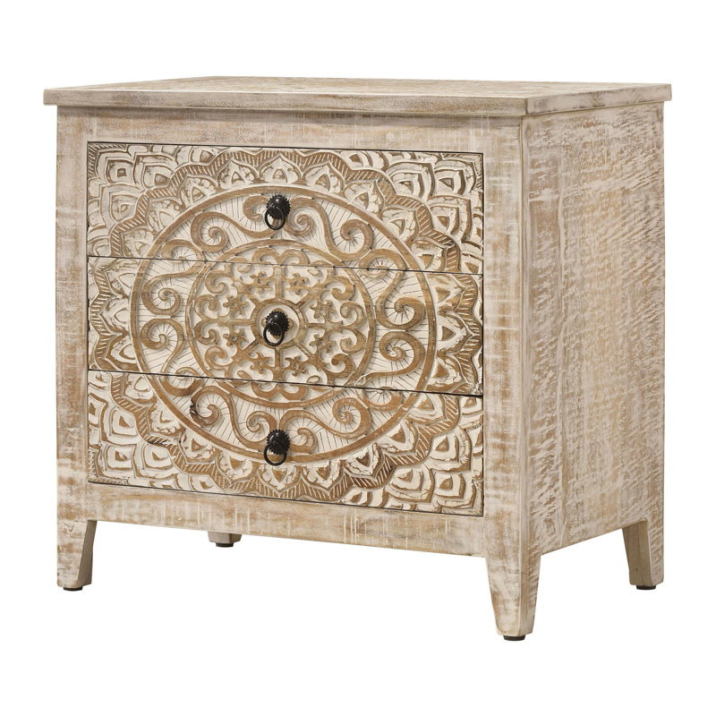 3-drawer Wood Mandala Cabinet Distressed White