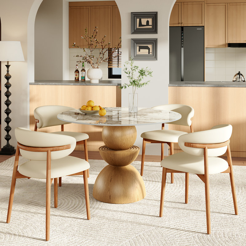 Table de salle à manger ronde moderne avec table en pierre frittée de qualité supérieure et base en bois massif robuste pour 2/4/6