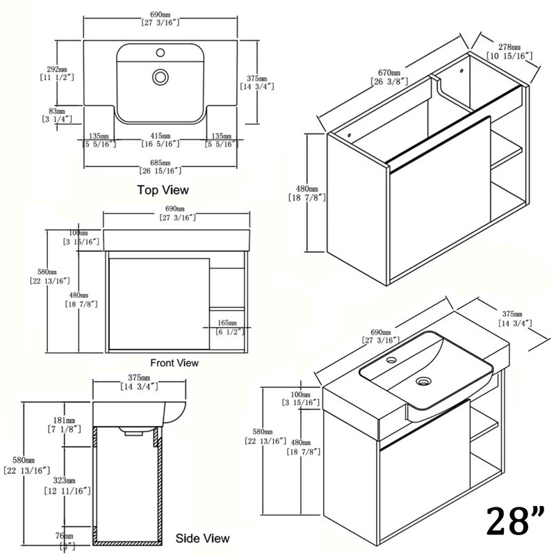 Meuble-lavabo mural 28 po avec lavabo en céramique blanche et porte à fermeture en douceur, emballage KD, chêne clair, 28"