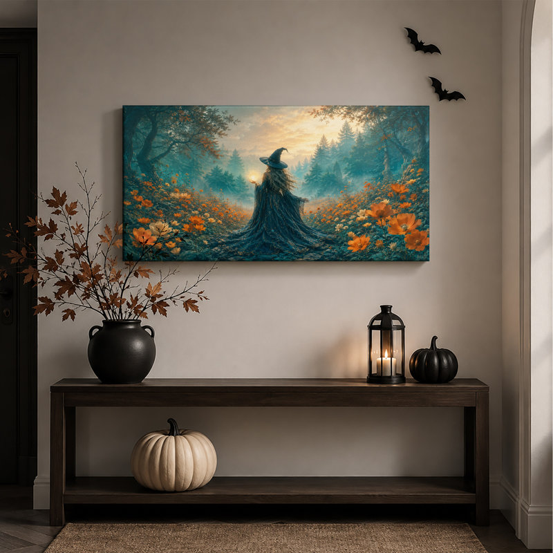 Femme magicienne tenant un orbe lumineux dans une fleur orange - Toile murale d'Halloween, L 20 po x H 10 po