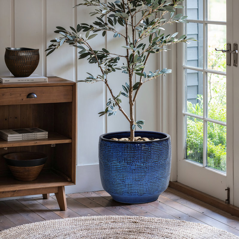 Pot à fleurs rond en céramique Gwendelynn, H 14 po x l 15,75 po x P 15,75 po, Bleu de cobalt