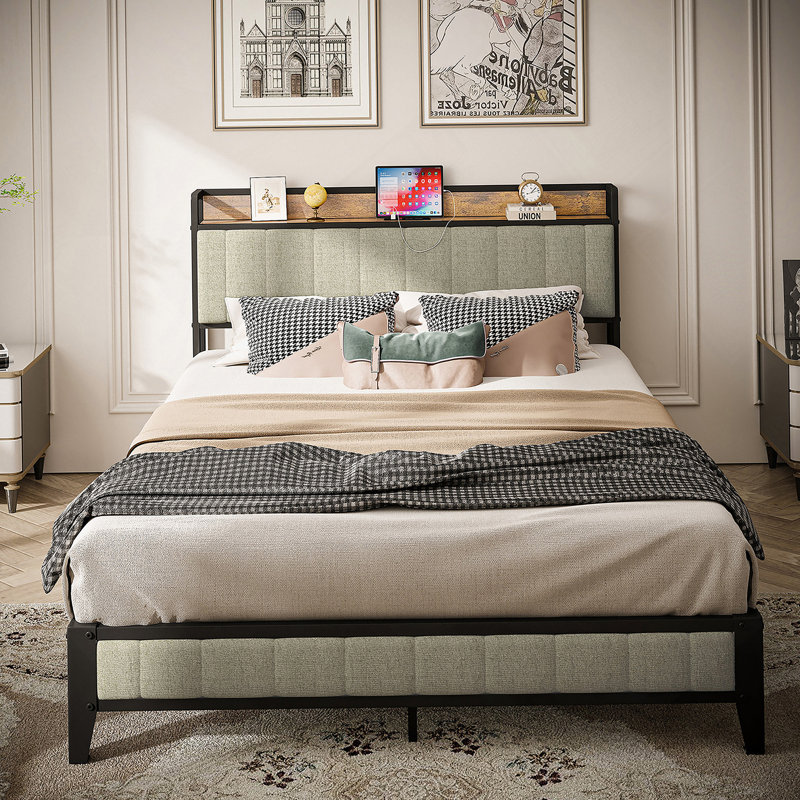 Queen Size Upholstered Metal Platform Bed with Charging Station, Light Gray, Queen