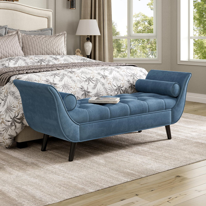 Upholstered Velvet Bench, End Of Bed Bench With 2 Pillows, Upholstered Button Tufted Ottoman,Footstool With Rolled Arms, Foot Rest With Solid Wood Legs, For Entryway, Living Room ,Dining Room,Blue