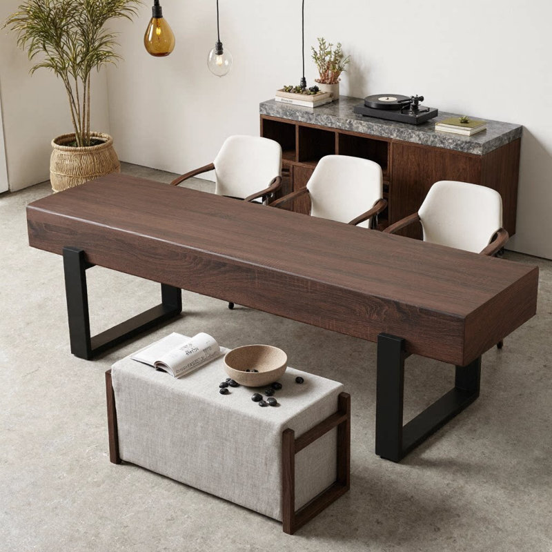 59" Farmhouse Wood Bench with 5.5" Thickened Top, Heavy-Duty Metal Legs, 550 lbs Capacity, 15-Minute Assembly, Walnut