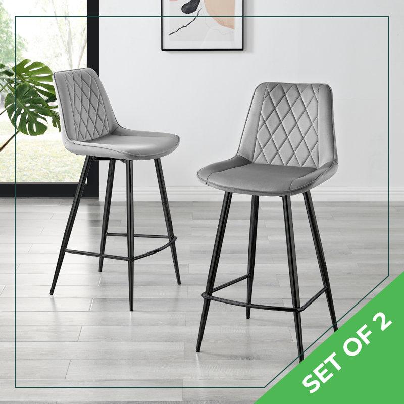 Palermo Velvet Modern Quilted Kitchen Breakfast Bar Stools - Upholstered Design, Black, Silver