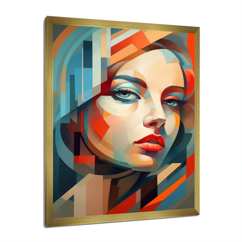 Portrait de femme pop cubique sur toile, H 32 po x l 24 po x P 1 po, Encadrement doré