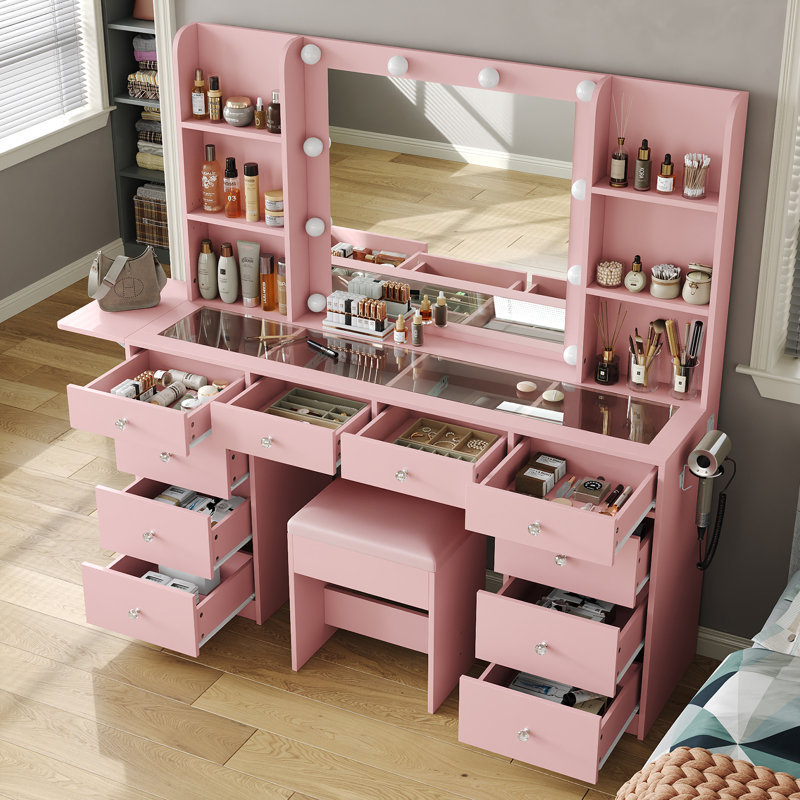 Coiffeuse de maquillage avec miroir lumineux, station de charge, 4 tablettes, panneau rabattable, 10 tiroirs, 3 modes d'éclairage