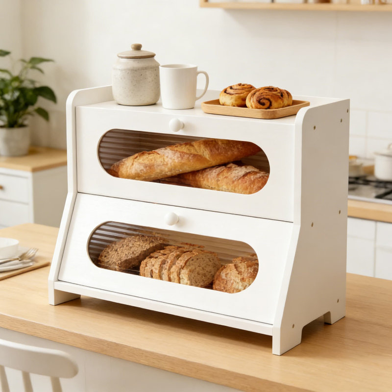 Boîte à pain en bambou à double couche avec porte ondulée en acrylique, récipient de rangement de comptoir de grande capacité pour le pain, les pâtisseries et les articles de garde-manger