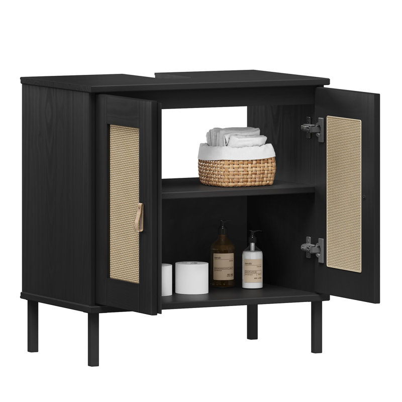 Vanity unit 62 cm Havant solid pine lacquered bathroom cabinet, Black