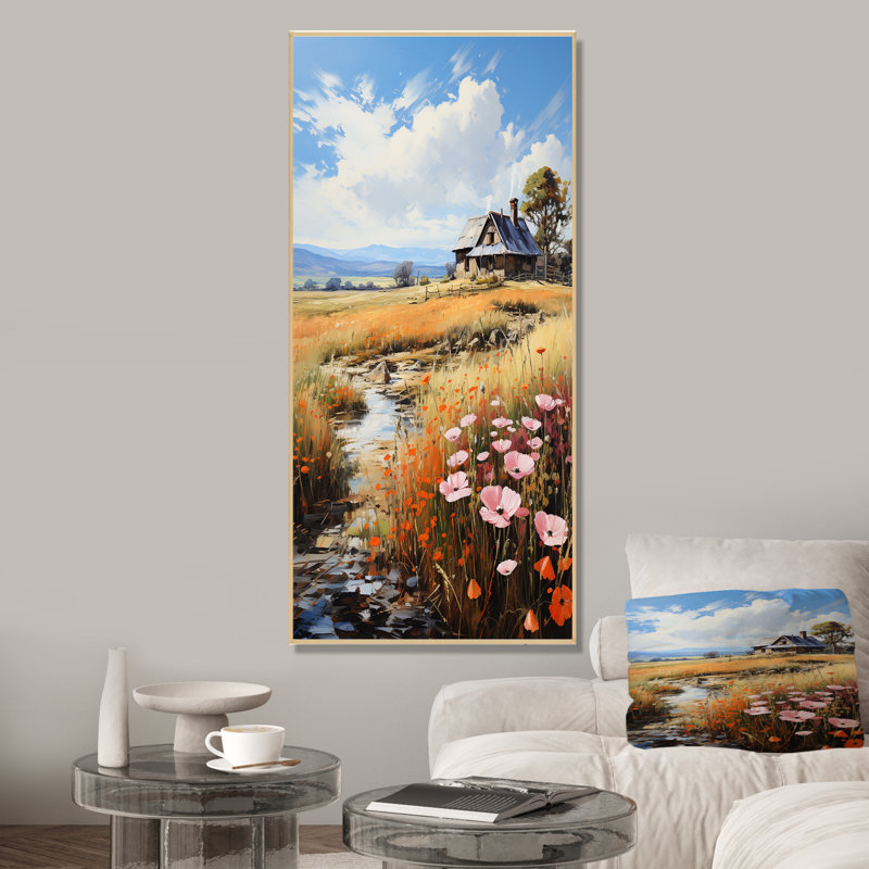Meadow Cottage At The Pond 1 - Art mural paysage, Cadre flottant brun, H 60 po x l 28 po x P 1,5 po