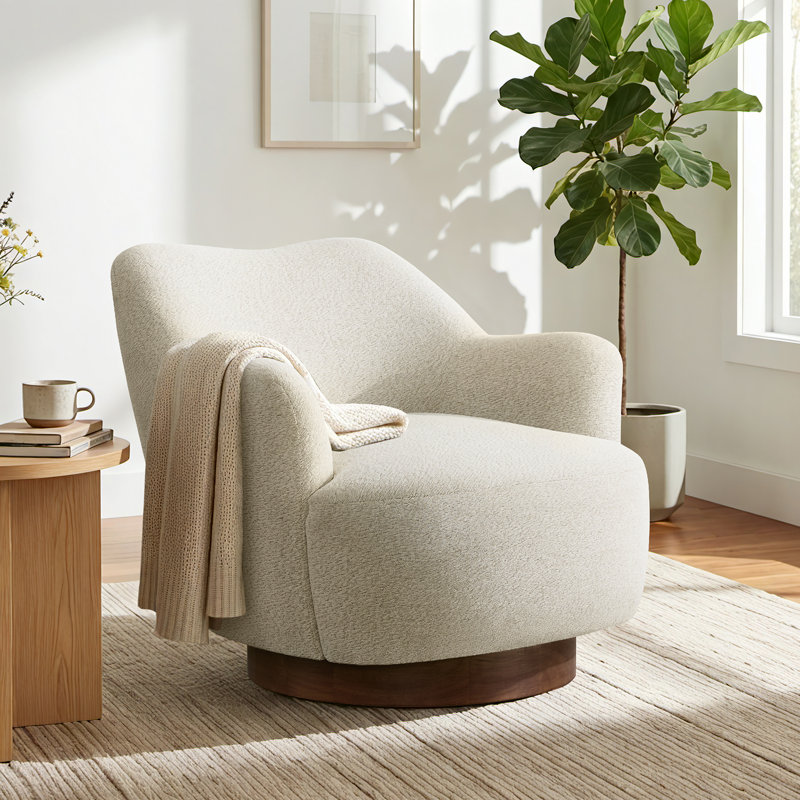 Modern Upholstered Swivel Barrel Chair With Solid Wood Base, Linen
