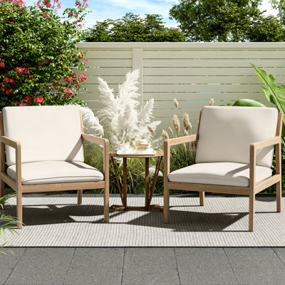 Ensemble de conversation d'extérieur en bois avec 2 chaises de club de patio contemporaines avec coussins d'eau et conception de 2, dossiers à lattes, pour le jardin