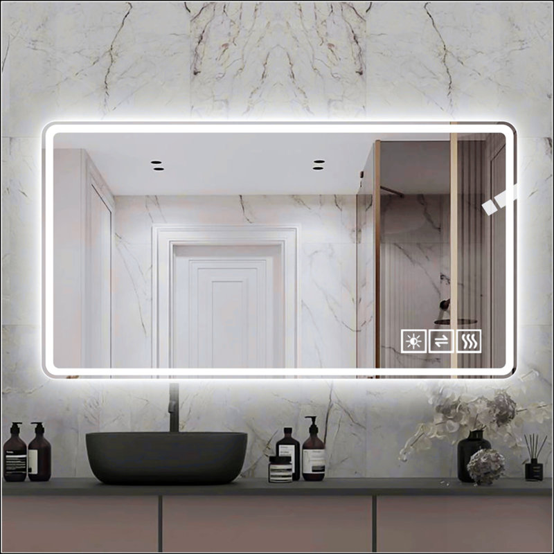 Miroir de salle de bain à DEL avec lumières antibuée et à intensité variable, fixé au mur et sans cadre, pour une salle de bain élégante et fonctionnelle.