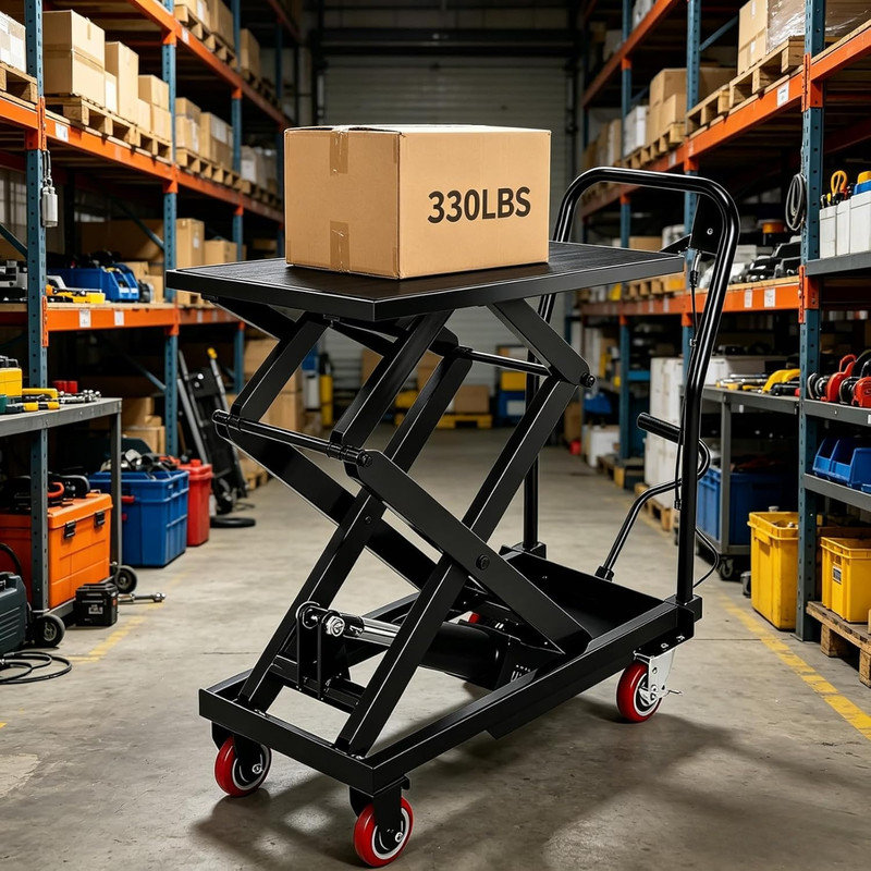 Chariot de table robuste - capacité de 330 lb, hauteur de levage de 50 po, ciseaux simples et coussin antidérapant, Noir