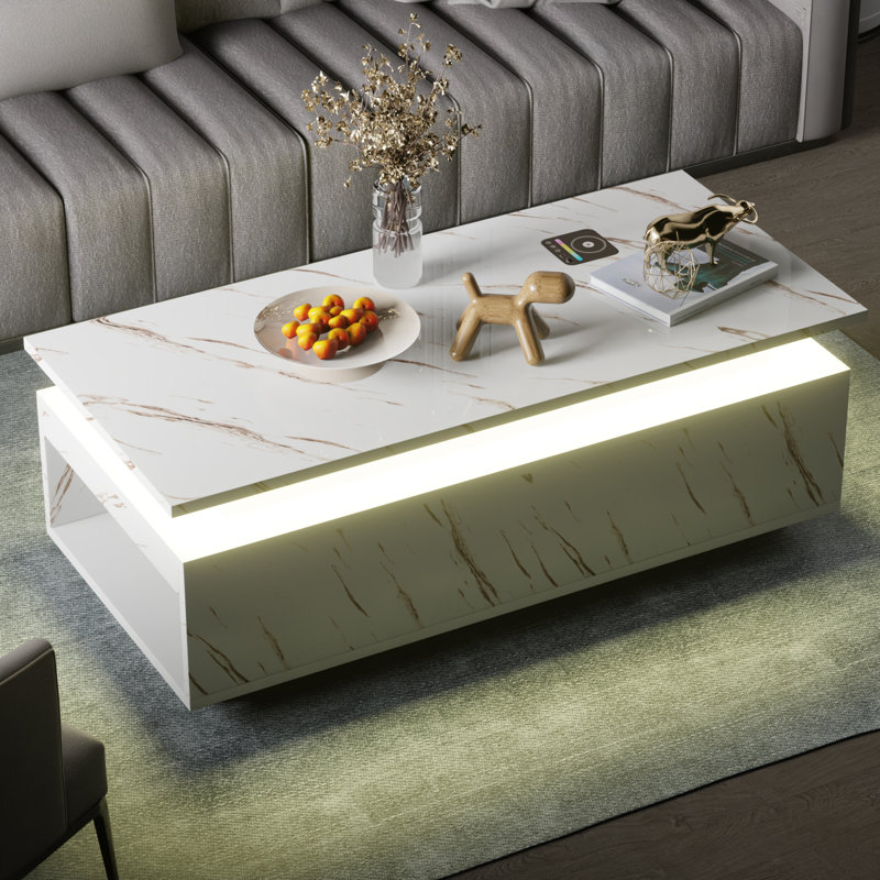 47'' Modern Smart Marble Coffee Table With Charging Station, White