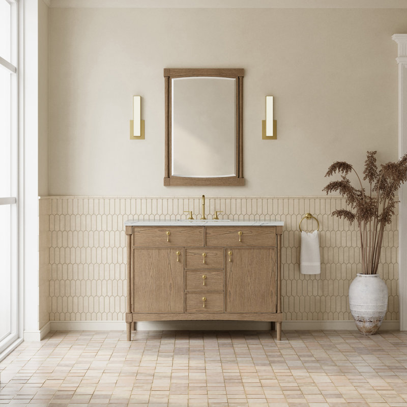 Kinnsden 48" W Single Vanity, Ethereal Noctis Silestone, 8" Widespread, Weathered Oak