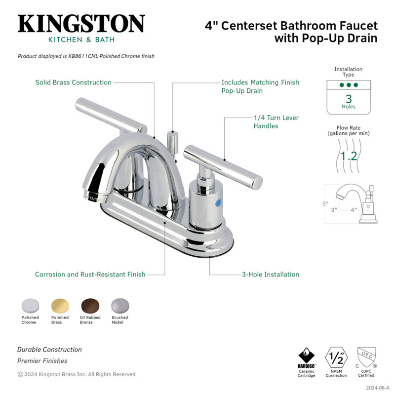 Kingston Brass Manhattan Two-Handle 3-Hole Deck Mount 4" Centerset Bathroom Faucet with Pop-Up Drain, Brushed Nickel