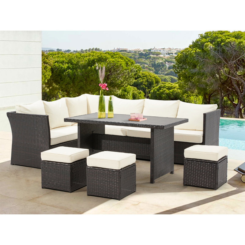 6 - Person Modular Patio Conversation Set with Cushions, Brown Frame/Beige Cushion