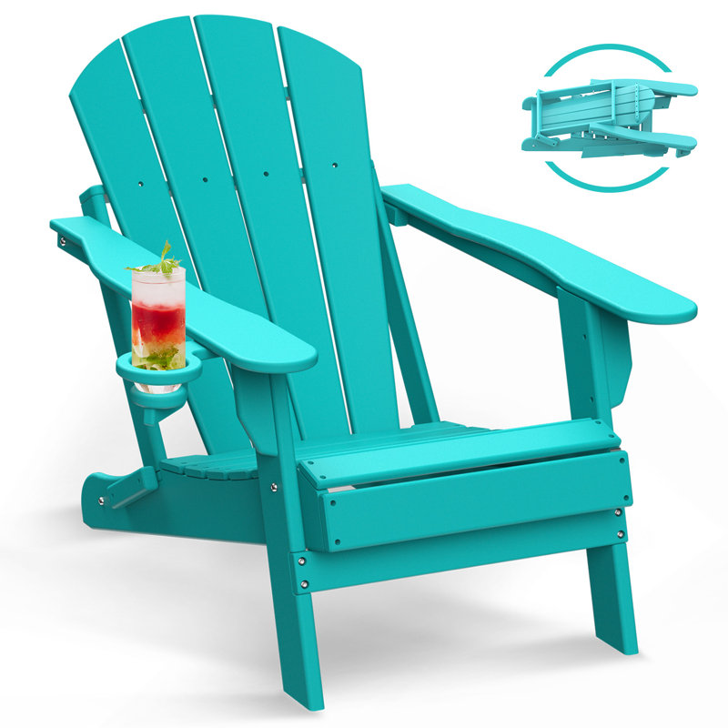 HDPE Folding Outdoor Adirondack Chair With Cup Holder, Aqua