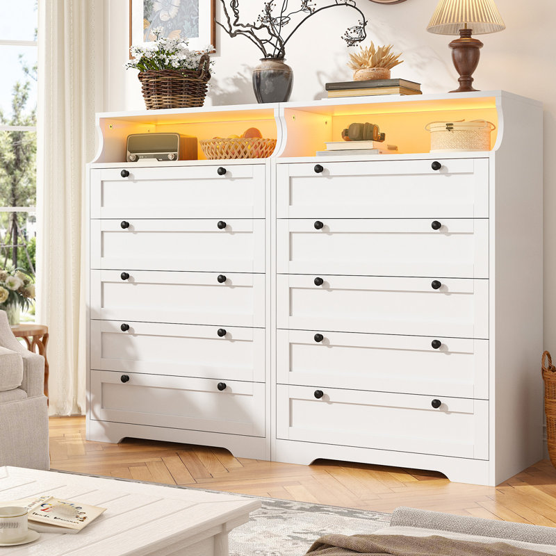 5-drawer Dresser With Led Lights - Modern Storage Cabinet For Bedroom, Living Room, White/black, White